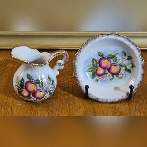 Vintage Japan Homco Small Porcelain Pitcher Creamer and Saucer Gold Trim